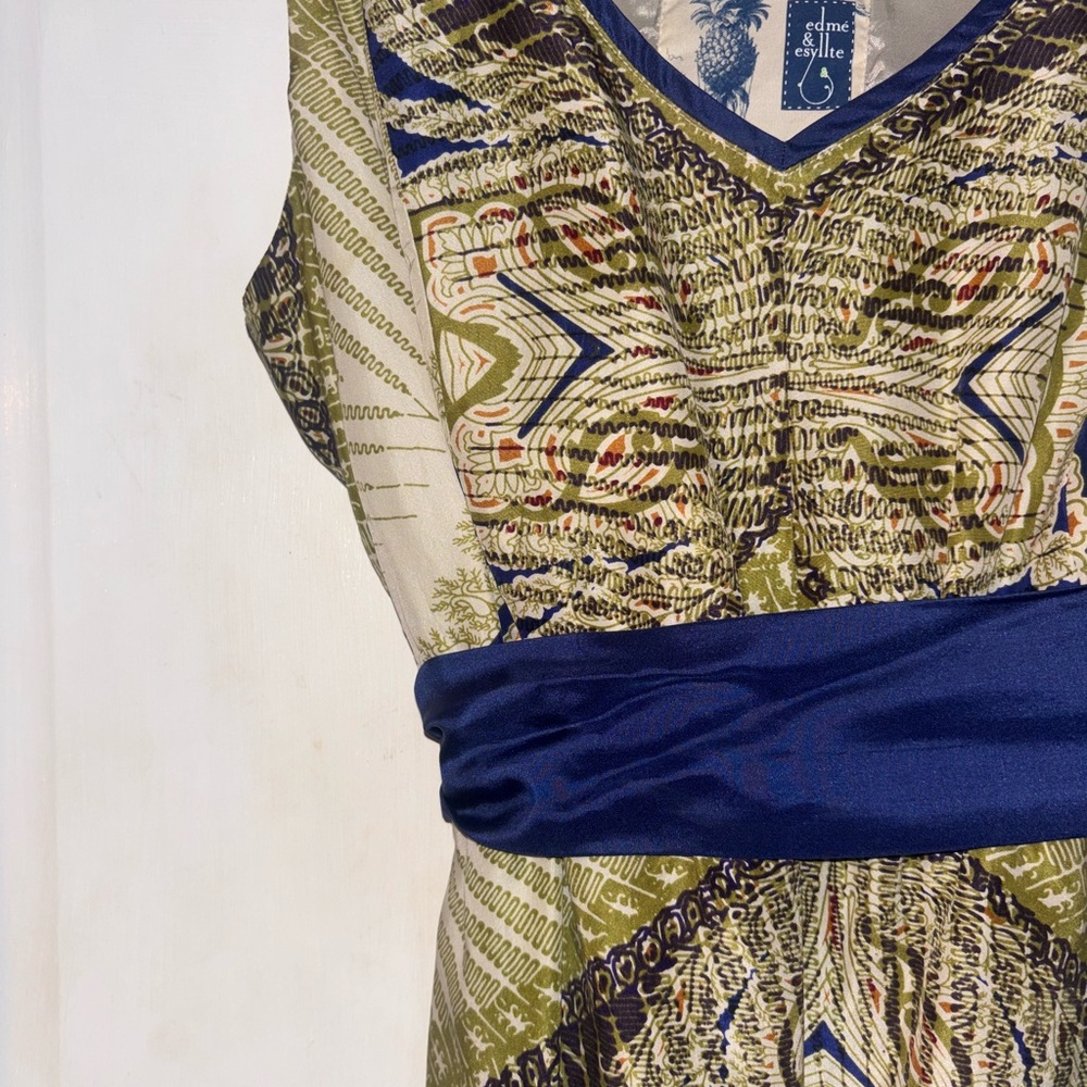 Anthropologie Olive and Navy Patterned Dress medium 100% Silk